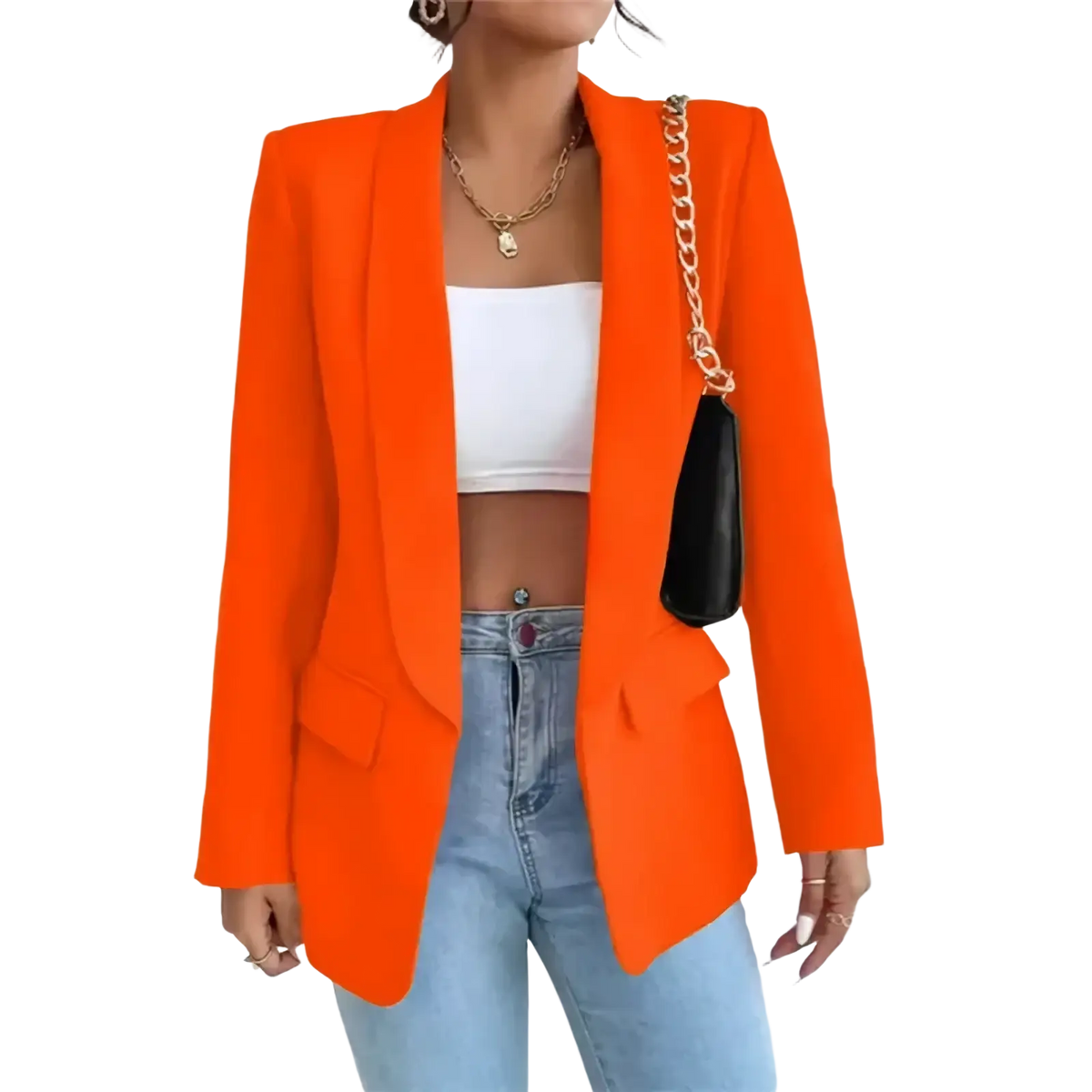 Women slim tailored blazer casual cardigan jacket in vibrant orange with sleek fit and classic notched lapels