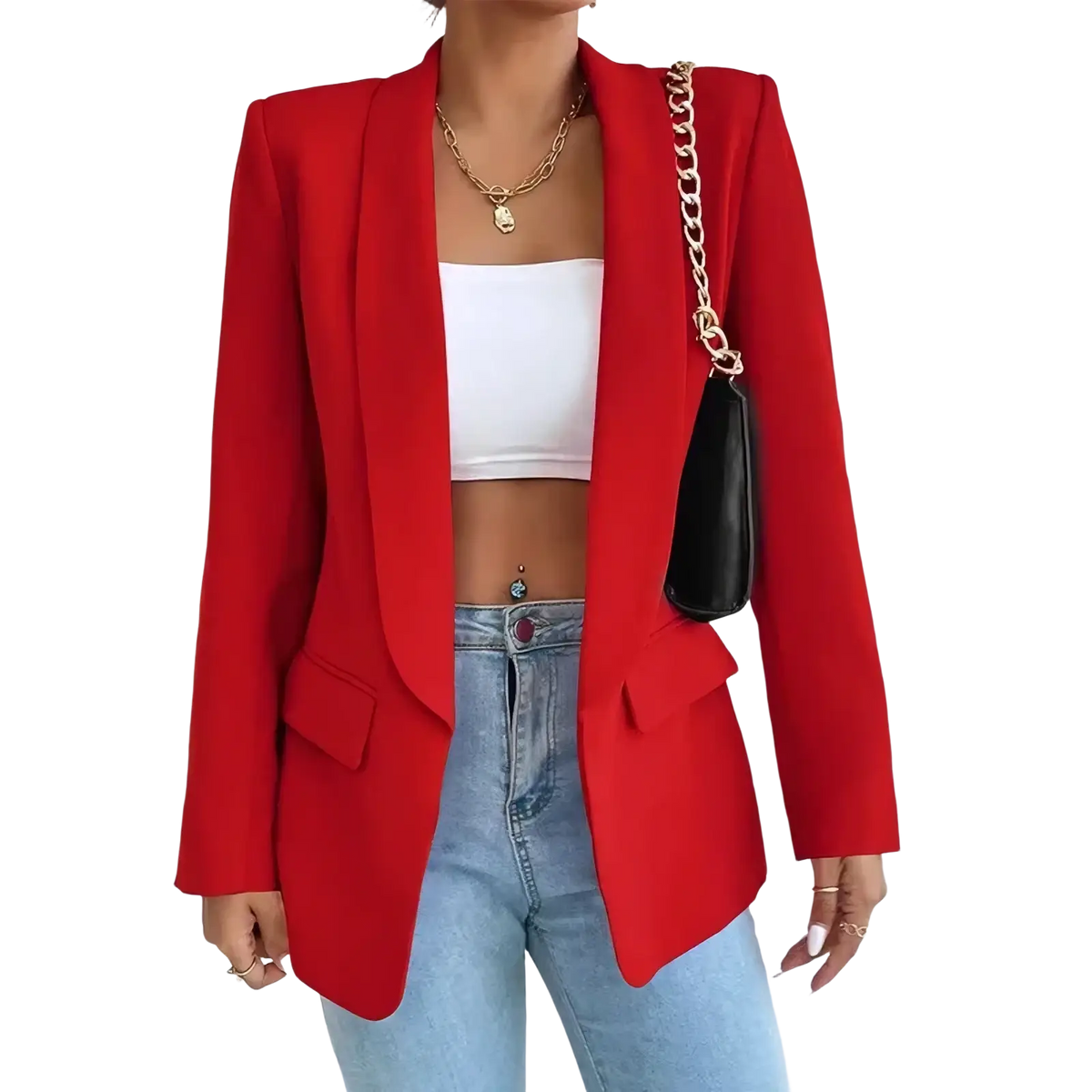 Women slim tailored blazer in vibrant red with structured shoulders and a sleek fit for casual wear