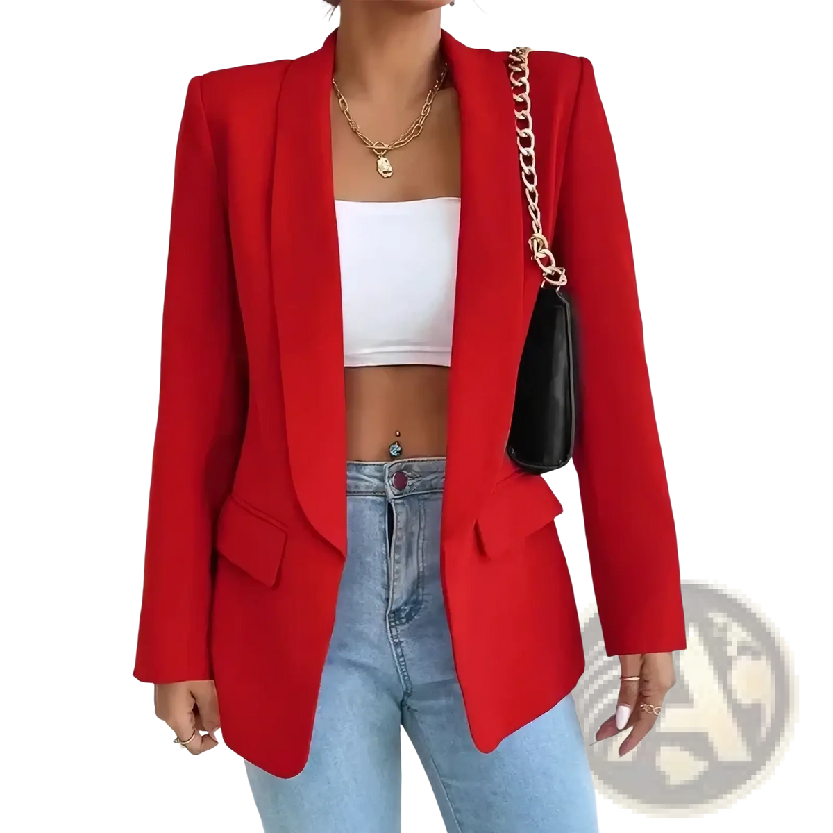 Women slim tailored casual blazer jacket in vibrant red with structured shoulders and sleek tailored fit
