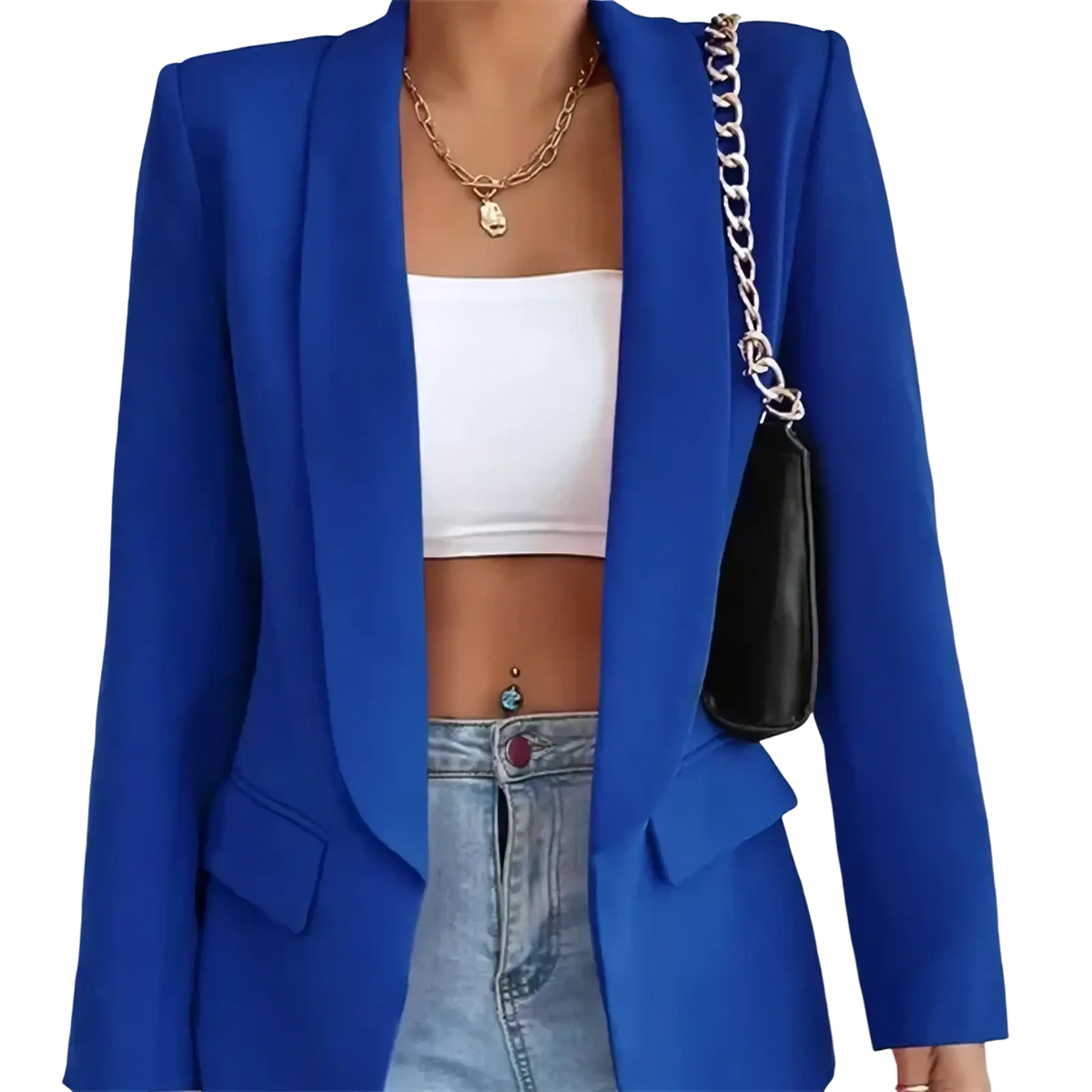 Women slim tailored blazer in vibrant royal blue with structured shoulders and sleek fit for casual wear
