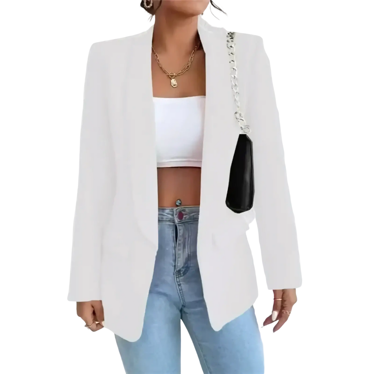 White slim tailored blazer with minimalist design and subtle chain detailing on shoulder strap for casual wear