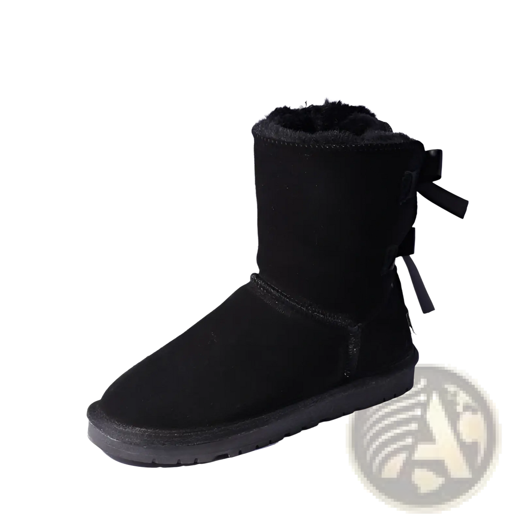 Black suede women snow boot with warm plush shearling lining and decorative bow on the back side for winter use