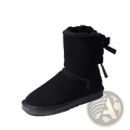 Black suede women snow boot with warm plush shearling lining and decorative bow on the back side for winter use