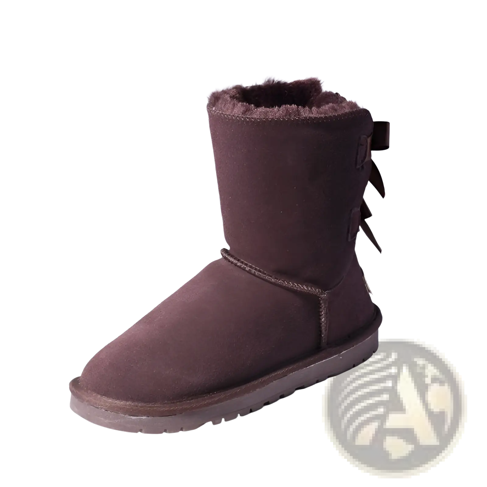Back view of women snow boots in chocolate brown suede with plush fur lining and decorative bow for winter use