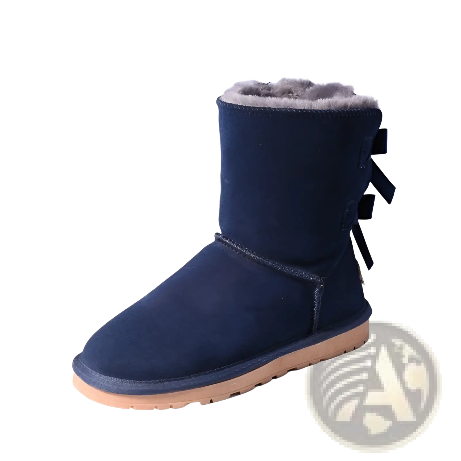 Women snow boots warm dark blue suede with plush gray fur lining and black ribbon ties shown from the back side