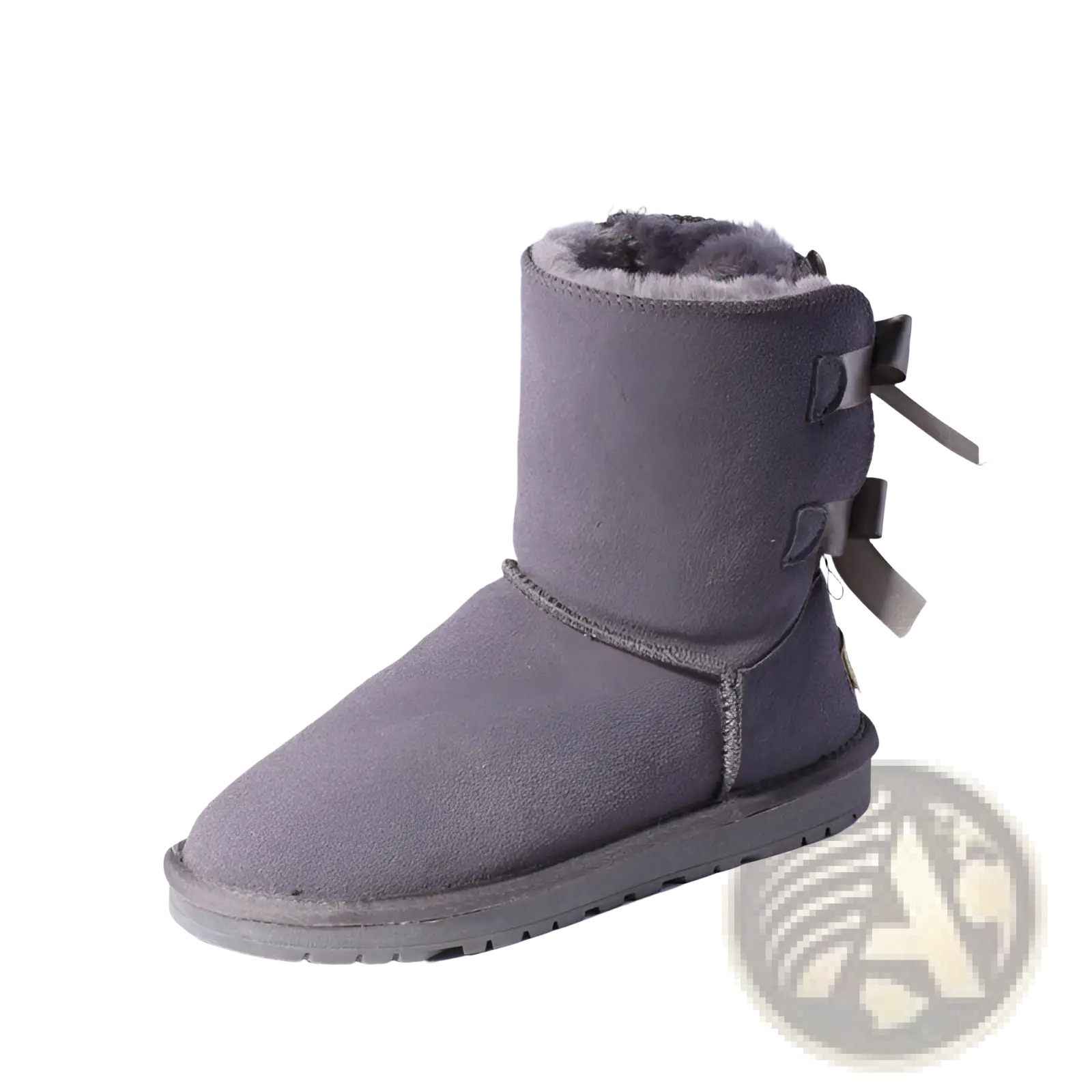 Women snow boots warm gray suede ankle boots with fluffy fur lining and decorative bows for winter wear