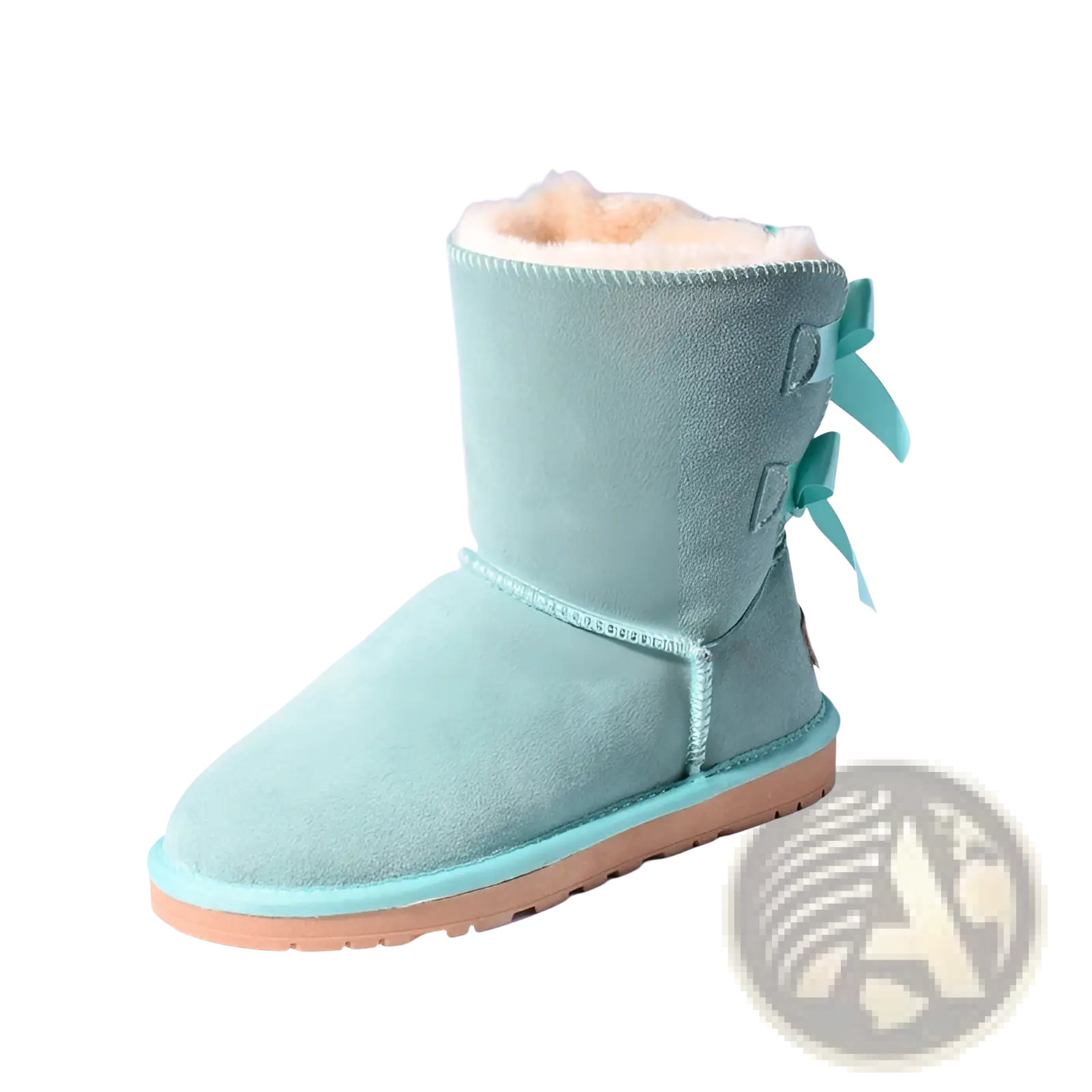 A mint green suede women snow boot with warm white shearling lining and ribbon bows for winter wear