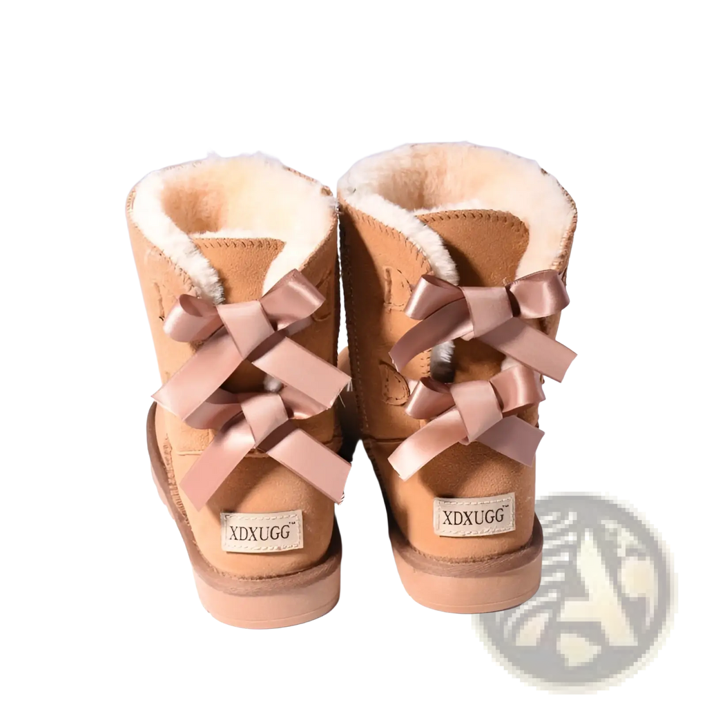 Women snow boots warm tan suede ankle boots with plush white shearling lining and satin bows for winter use