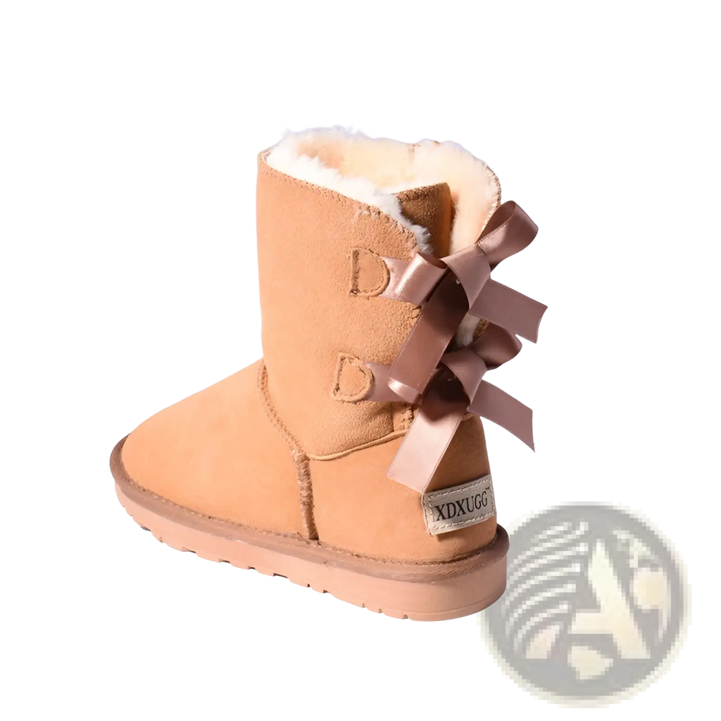 Back view of women snow boots warm tan suede ankle boots with white shearling lining and brown satin bow