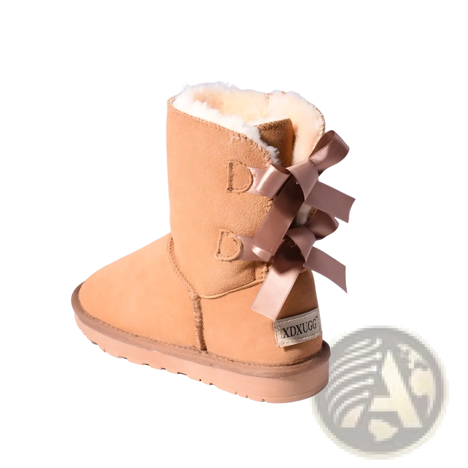 Back view of women snow boots warm tan suede ankle boots with white shearling lining and brown satin bow