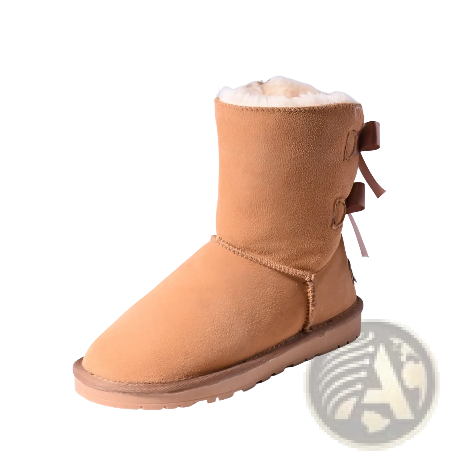Tan suede women snow boot with warm white shearling lining and brown ribbon bow tie for winter wear