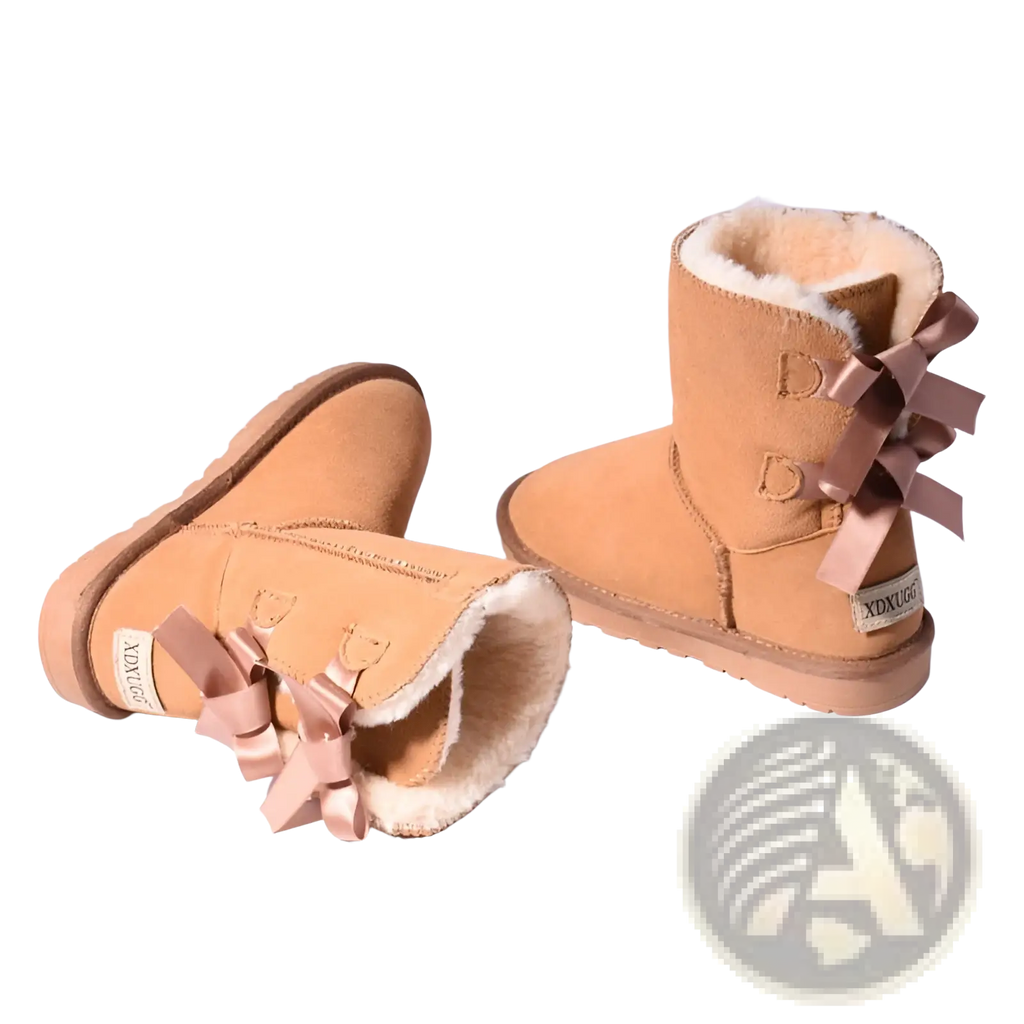 Women snow boots warm tan suede ankle boots with plush white shearling lining and bow detail on the outer side