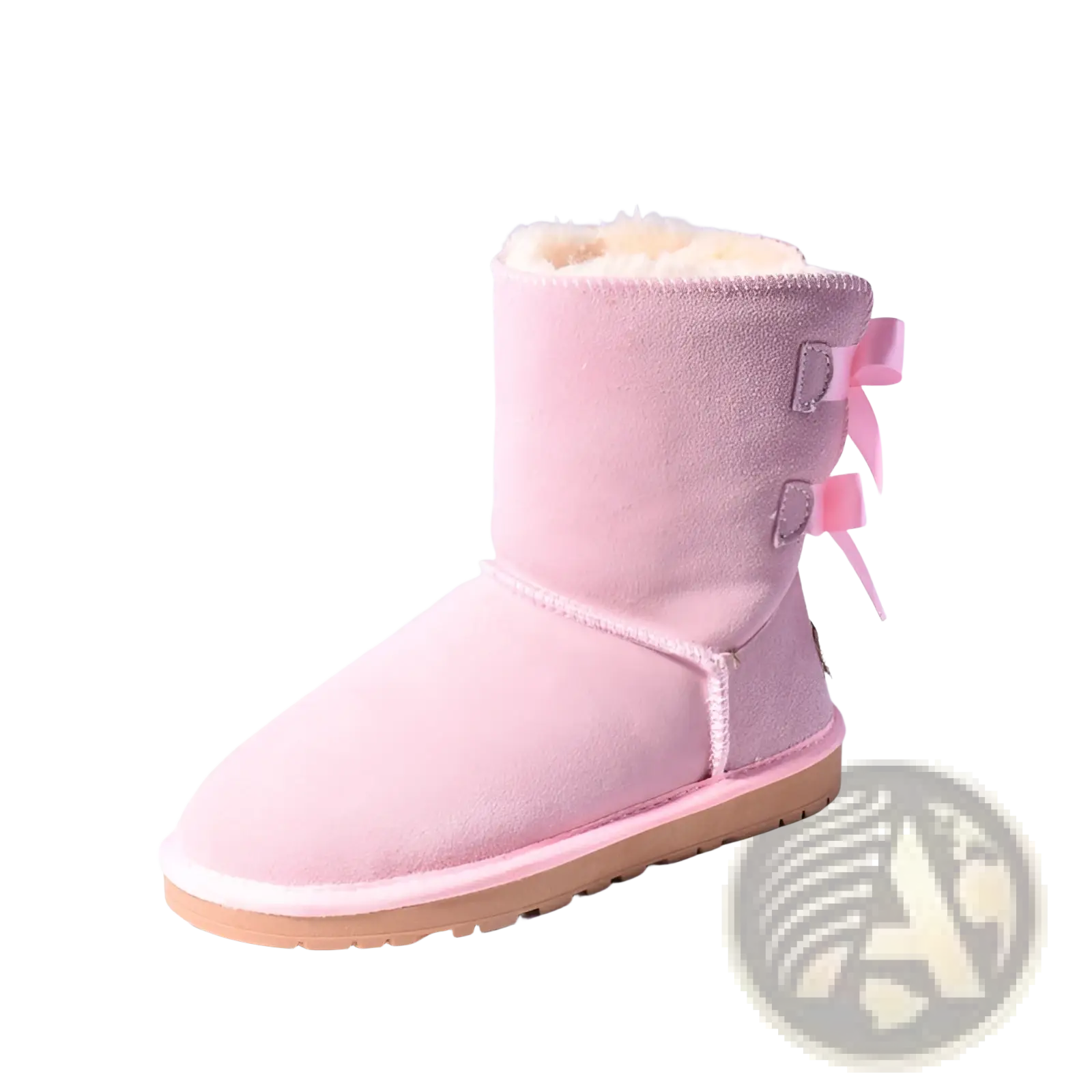 Pink suede ankle boot with warm white fur lining and pink ribbon bows for women winter snow boots