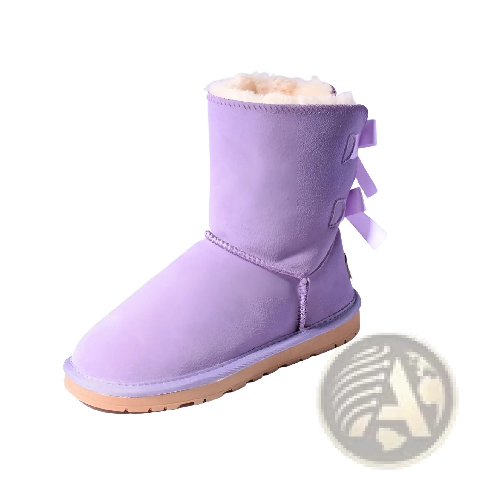 Purple suede women snow boot with warm white shearling lining and decorative bows for winter ankle wear