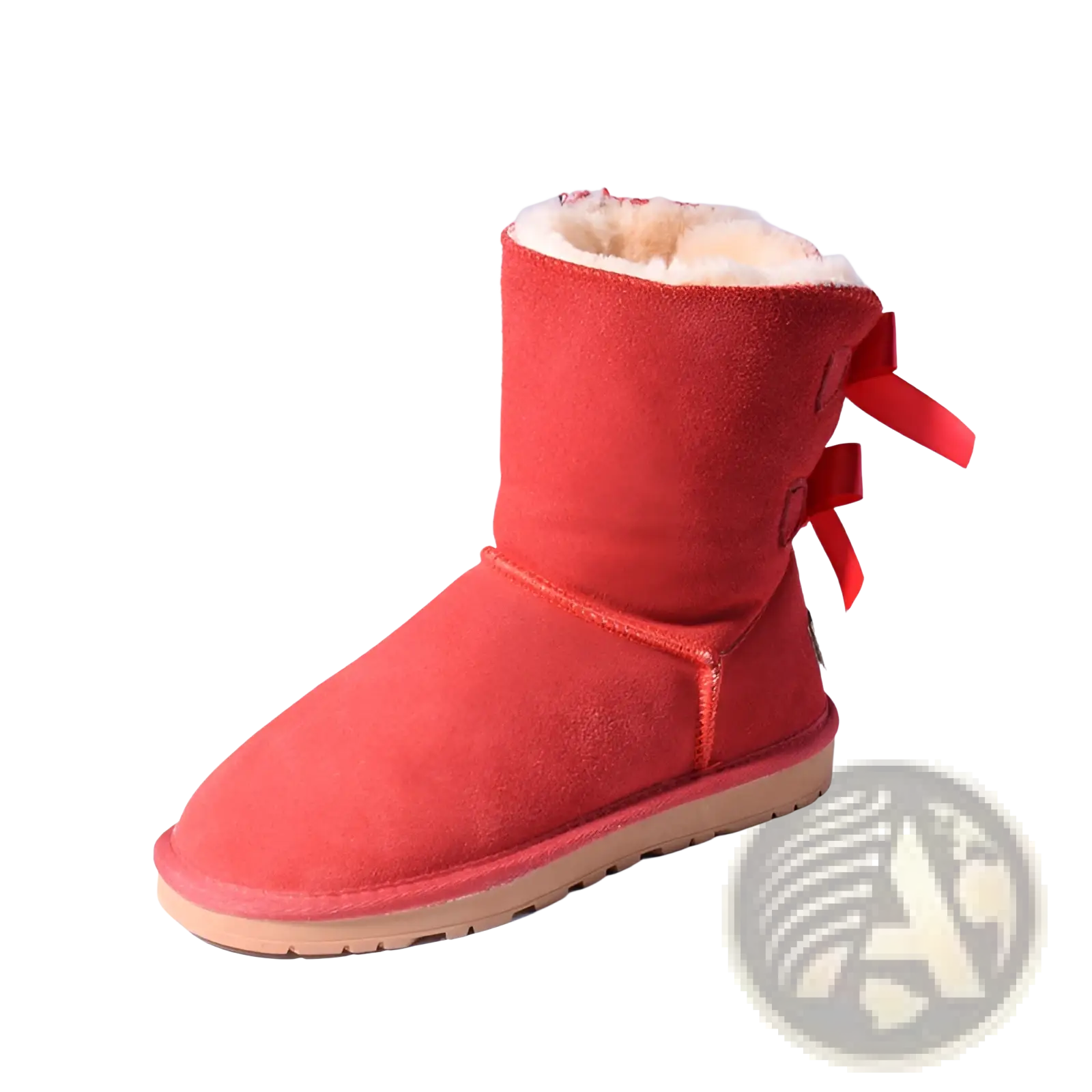 Women snow boots warm red suede with fluffy white fur interior and matching red ribbon ties for winter wear