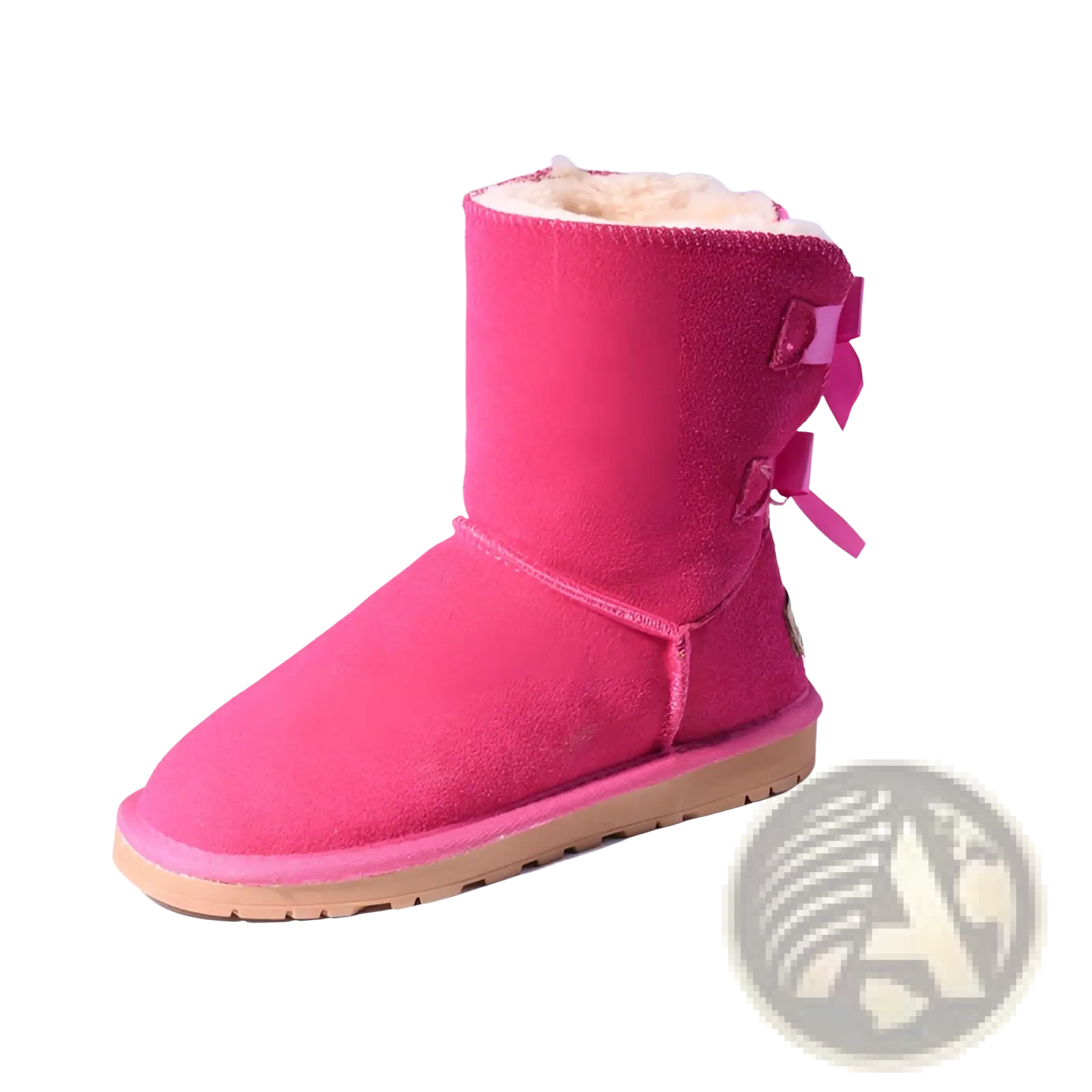 Women snow boots warm rose red suede with plush white fur lining and pink ribbon ties for winter use