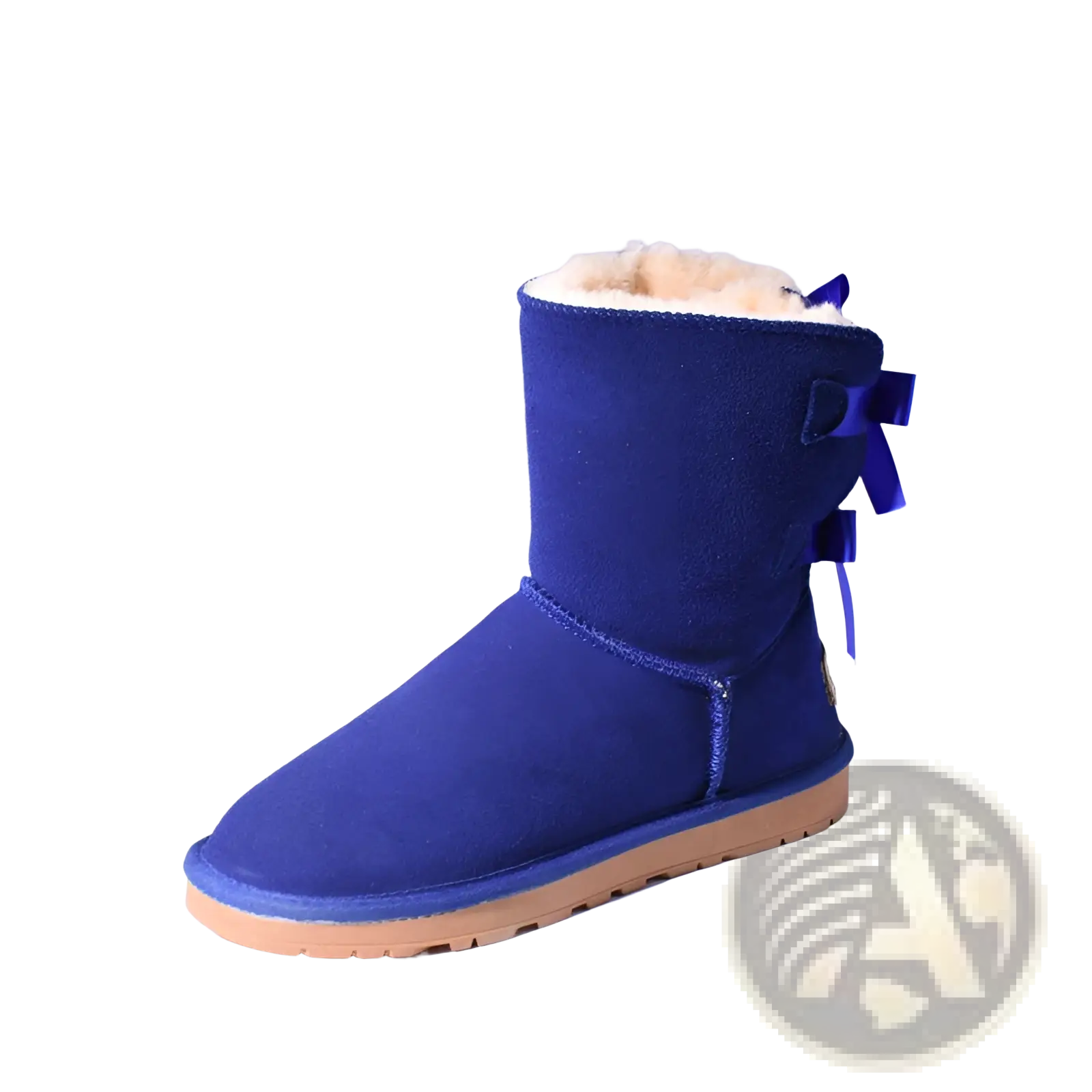 Back view of women snow boots in royal blue suede with plush white shearling lining and ribbon bows on the back