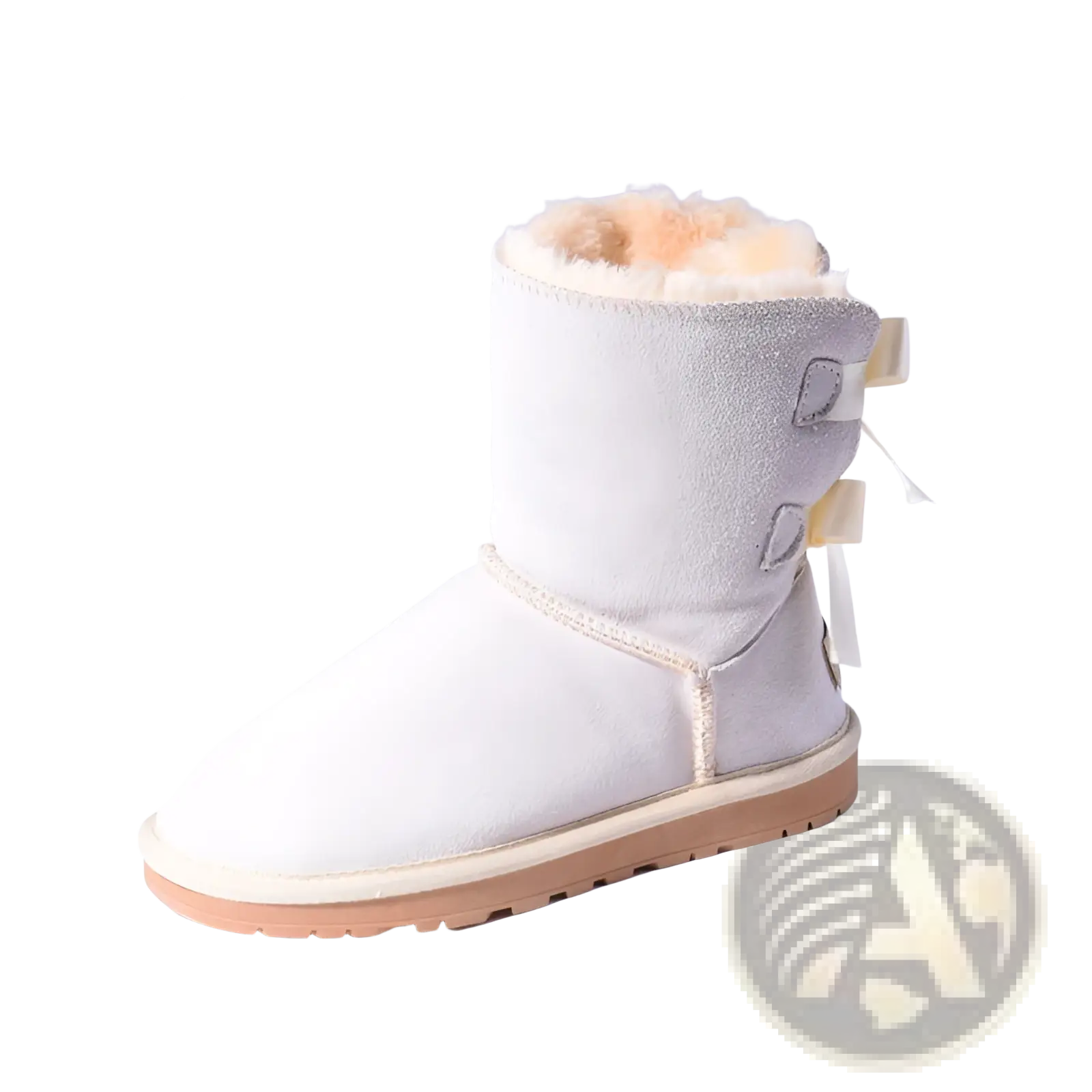 Women snow boots warm white suede ankle boots with plush beige fur lining and decorative bows for winter use