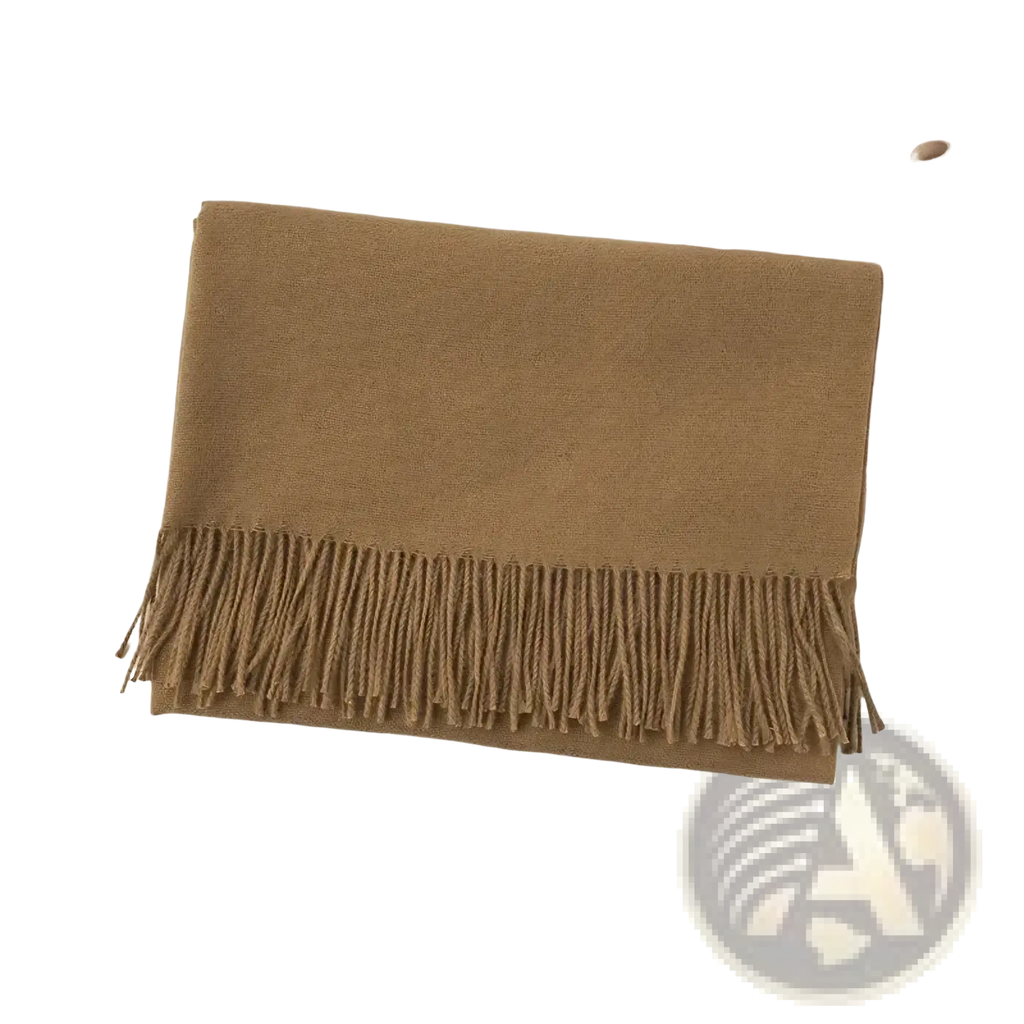 A soft camel-colored cashmere winter scarf with delicate fringe detailing designed for warmth and style
