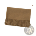 A soft camel-colored cashmere winter scarf with delicate fringe detailing designed for warmth and style