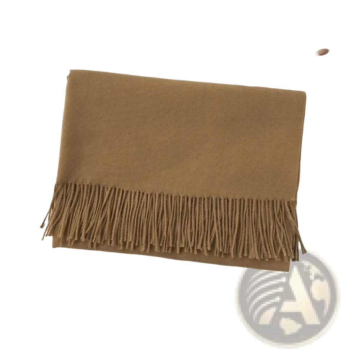 A soft camel-colored cashmere winter scarf with delicate fringe detailing designed for warmth and style