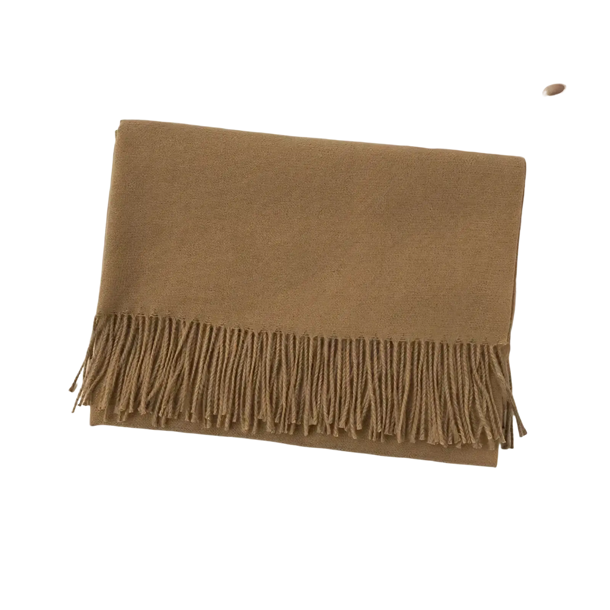 A soft camel-colored cashmere winter scarf with delicate fringe detailing designed for warmth and style