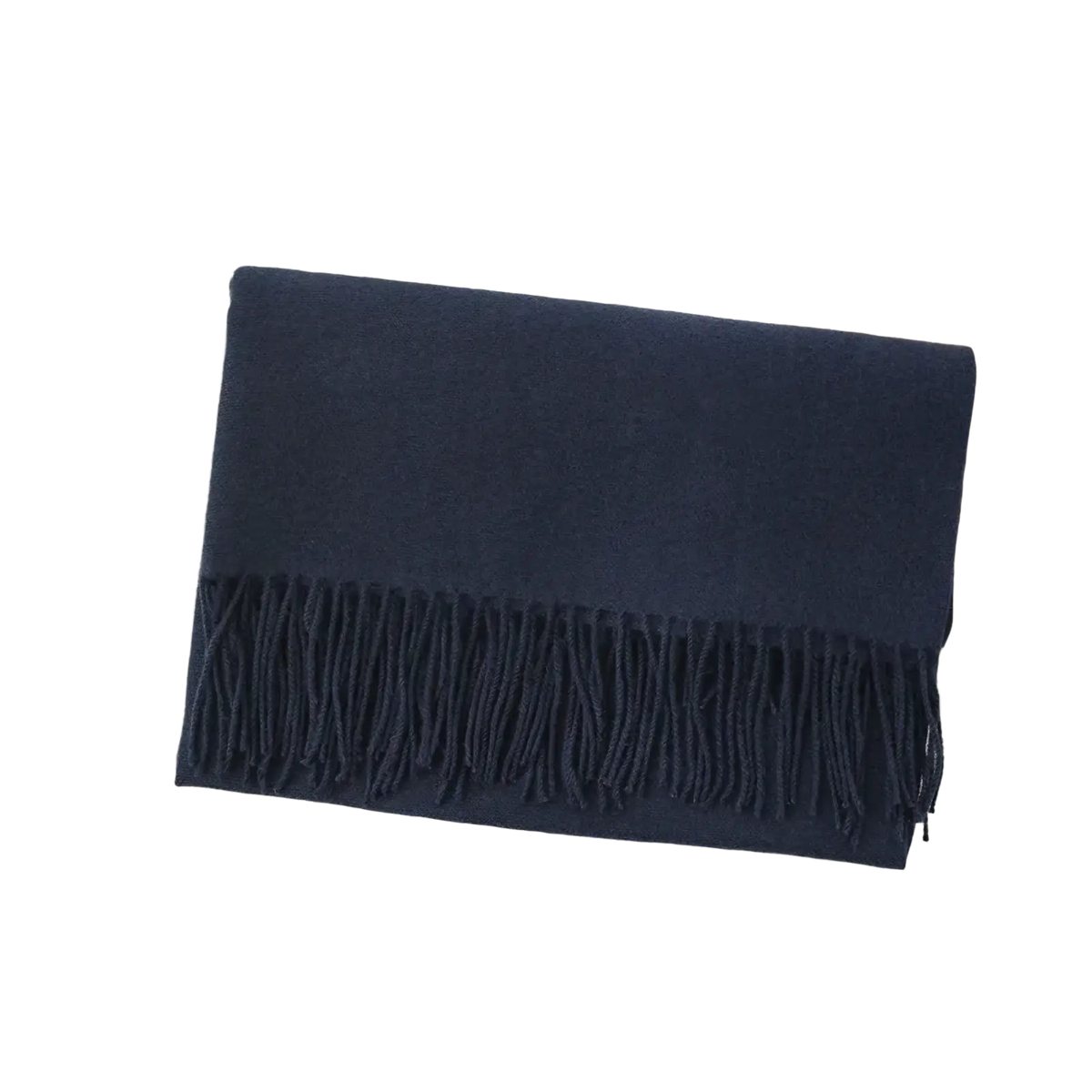 A soft deep navy blue cashmere scarf with delicate fringe detailing for women solid cashmere winter warmth