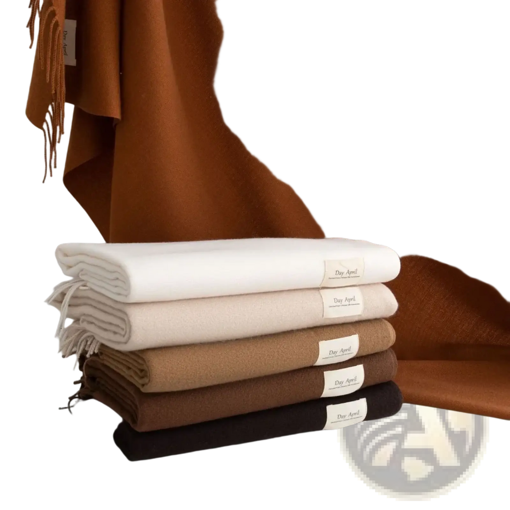 Stack of neatly folded women solid cashmere winter scarves in neutral tones with soft weave and delicate fringe