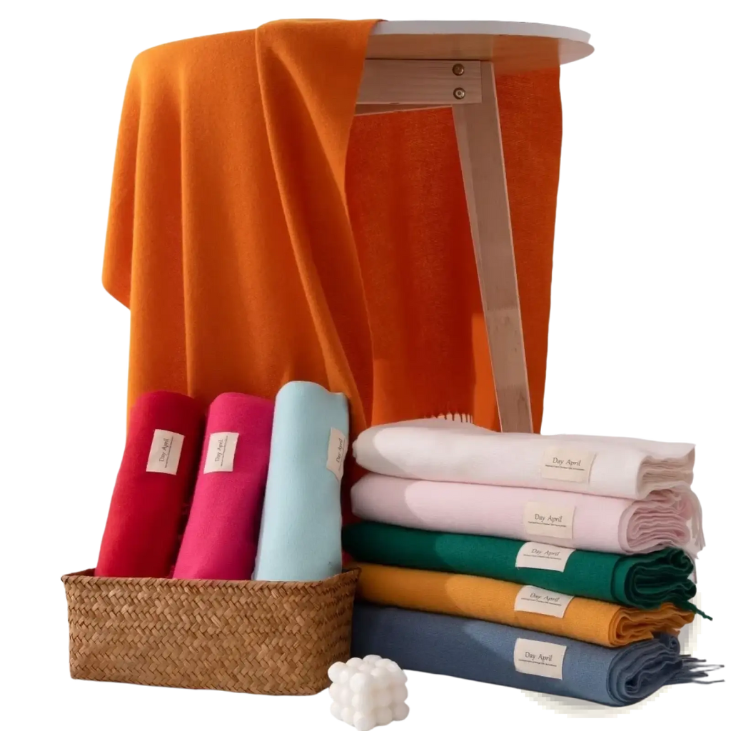 A vibrant orange woolen blanket and neatly folded cashmere scarves in multiple colors for women winter warmth