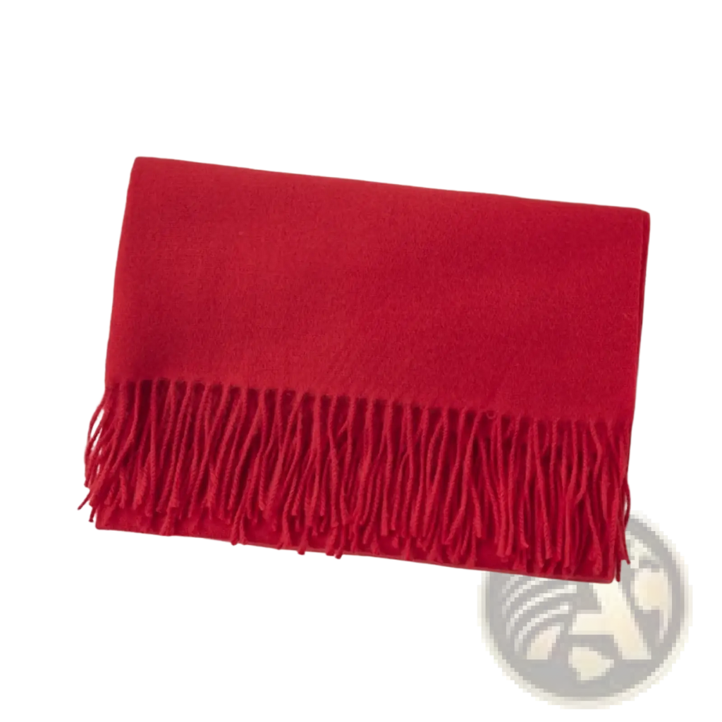 A vibrant red soft-textured cashmere woolen scarf with fringe trim for women for winter warmth and style