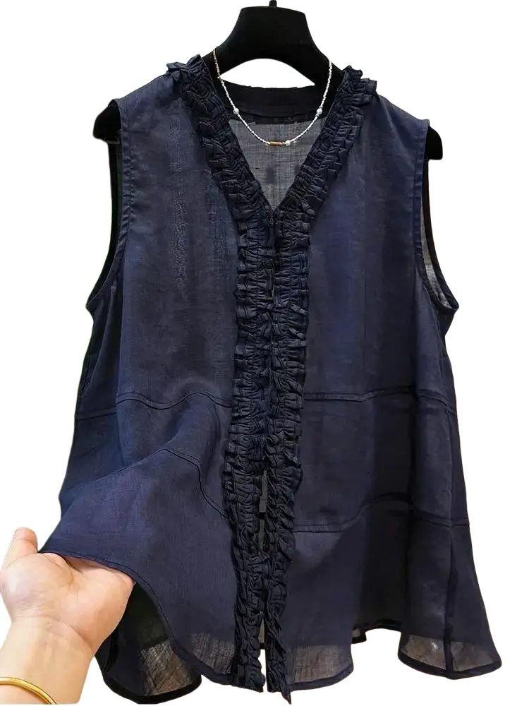 Navy blue women solid casual top with sleeveless sleeve style ruffled front detailing and sheer mesh panels