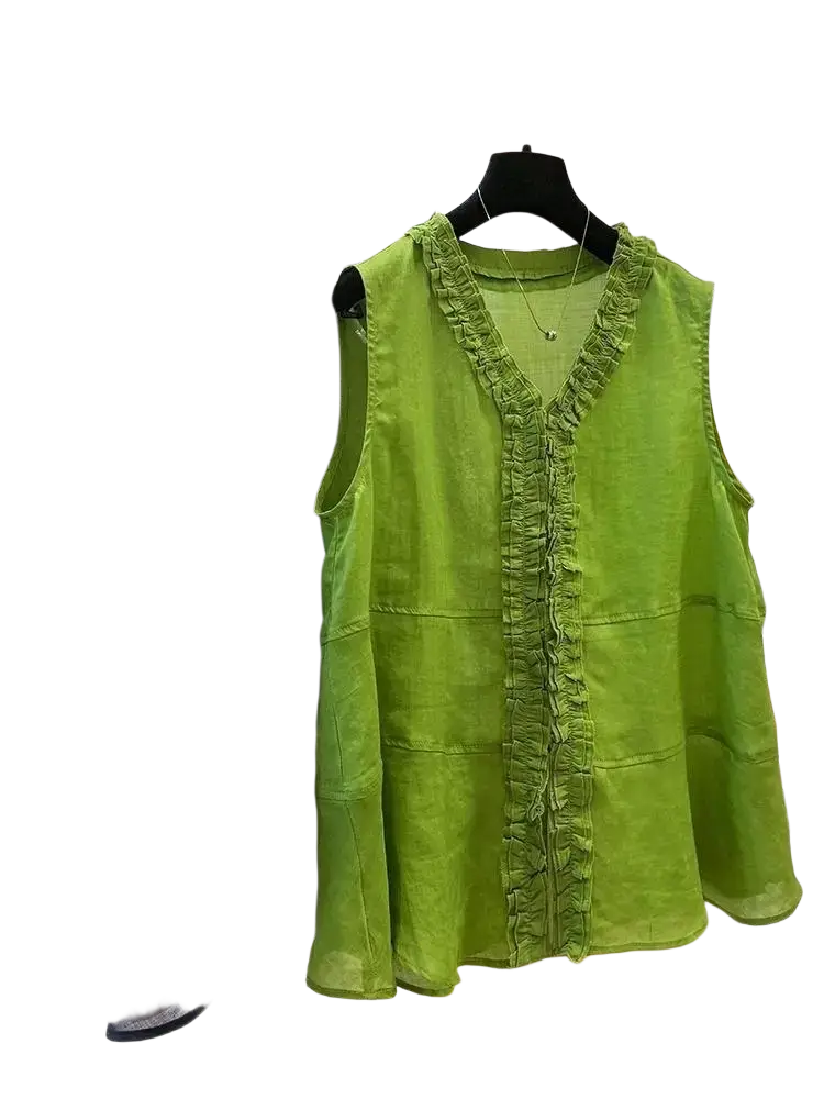 Women solid casual short sleeve top in vibrant green with ruffled front and sleeveless sleeve style for summer wear