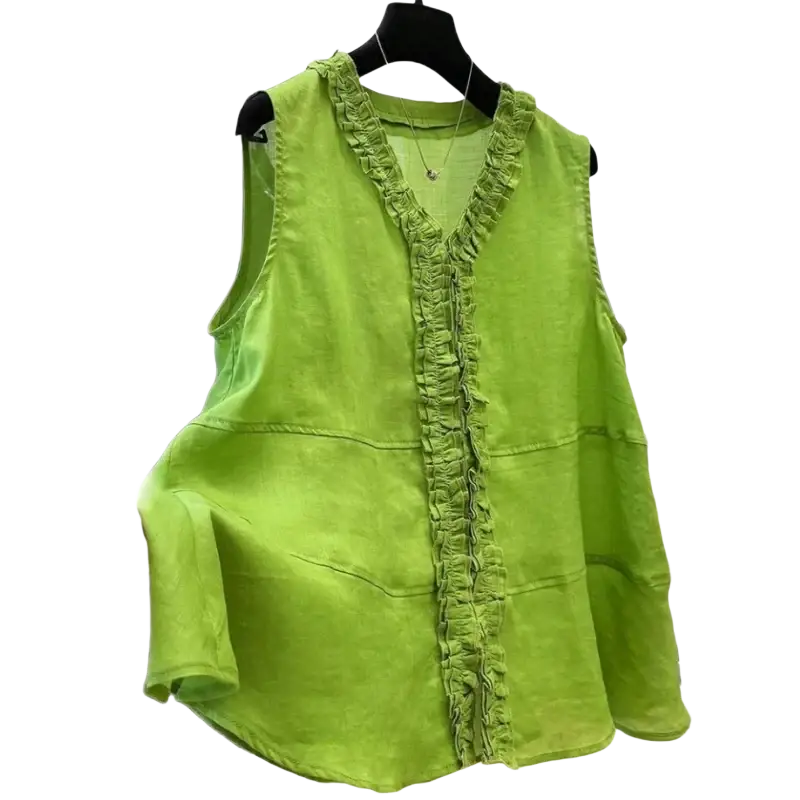 A vibrant lime green women solid casual short sleeve top with sleeveless style and ruffled trim in lightweight fabric