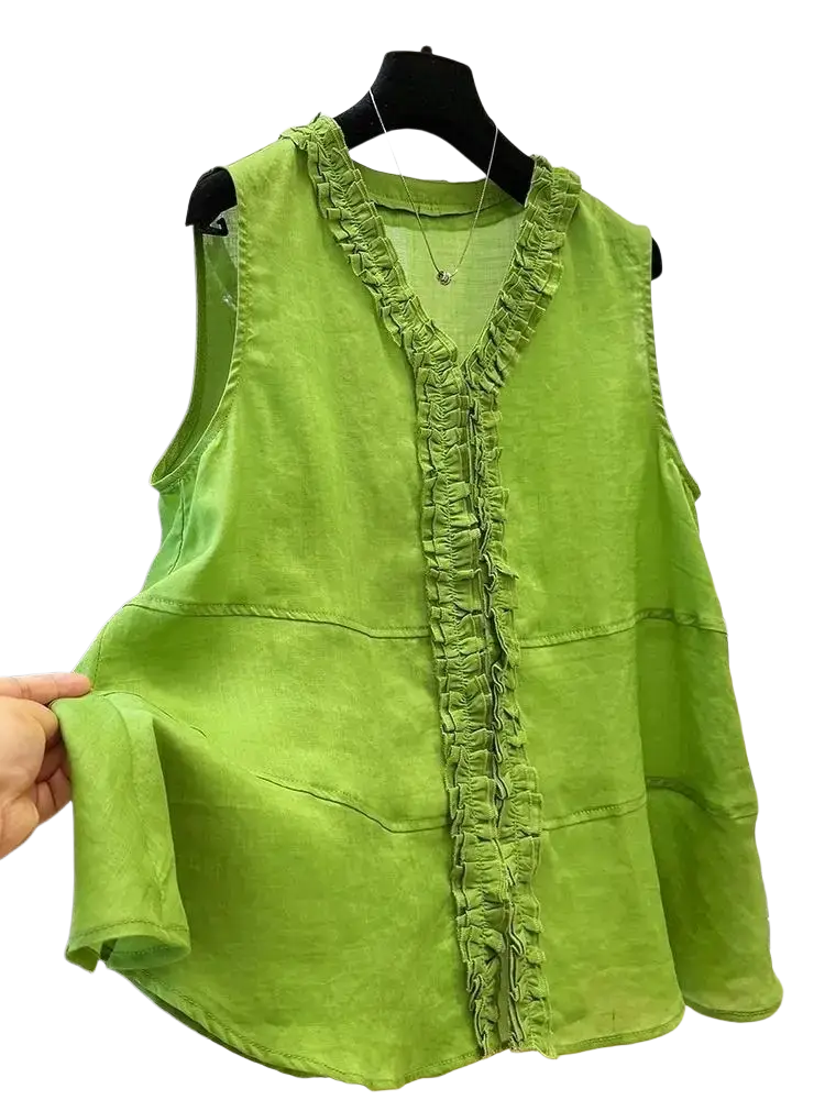 A vibrant lime green women solid casual top featuring a ruffled front panel and unique sleeve style