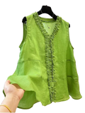 A vibrant lime green women solid casual short sleeve top with ruffled front panel and side pockets in lightweight fabric