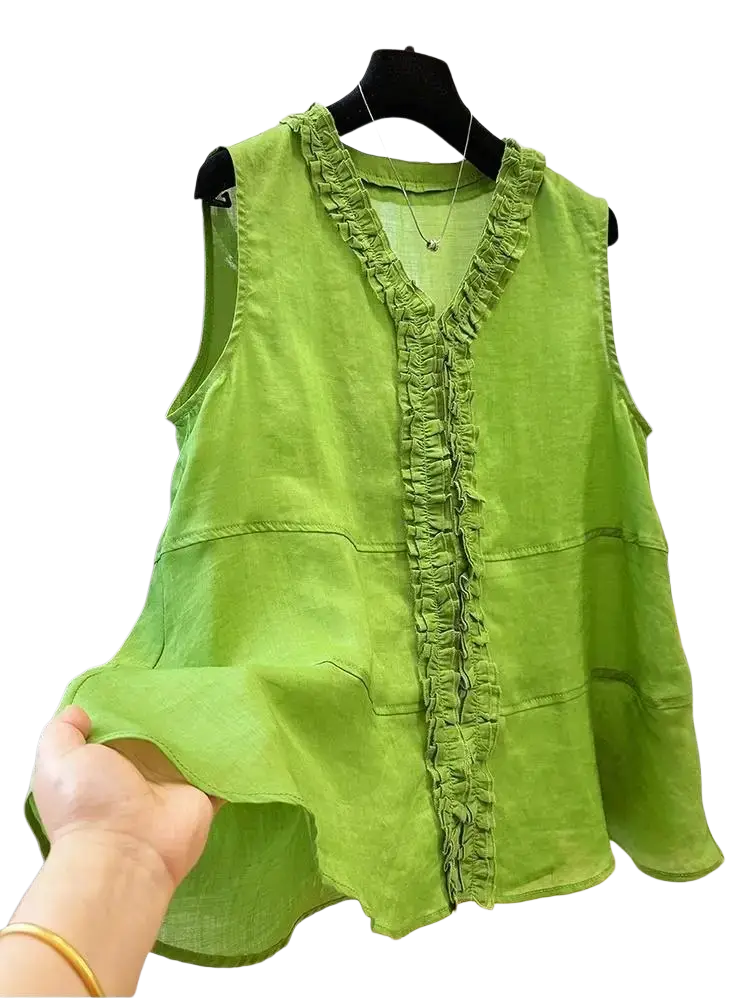 A vibrant lime green women solid casual short sleeve top with ruffled front panel and side pockets in lightweight fabric