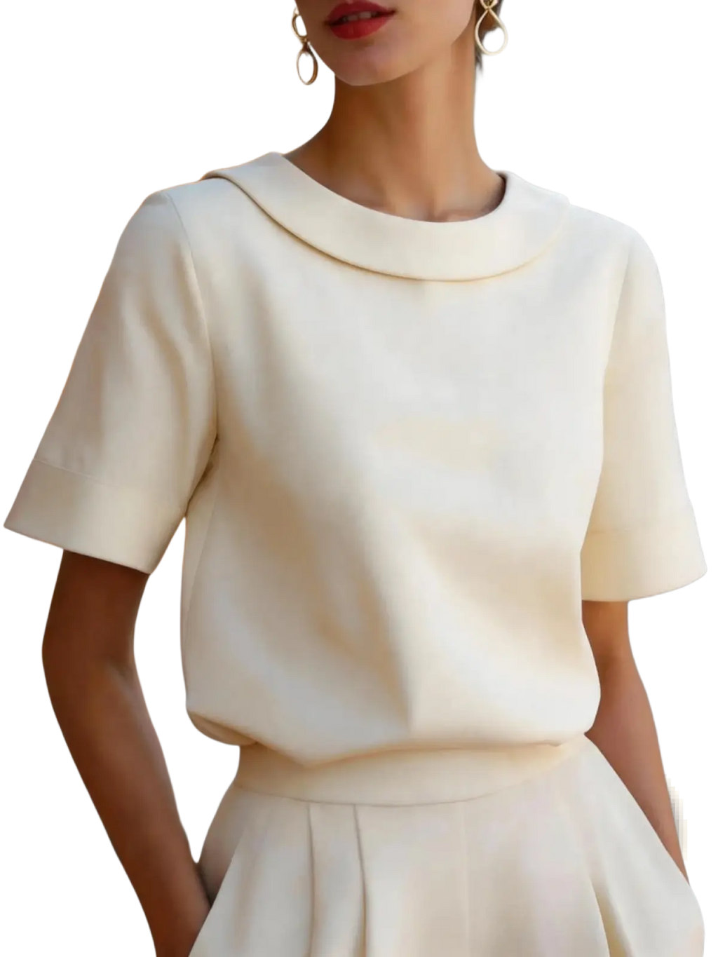 Women solid color short sleeve versatile top in cream with a soft structured collar and smooth fabric