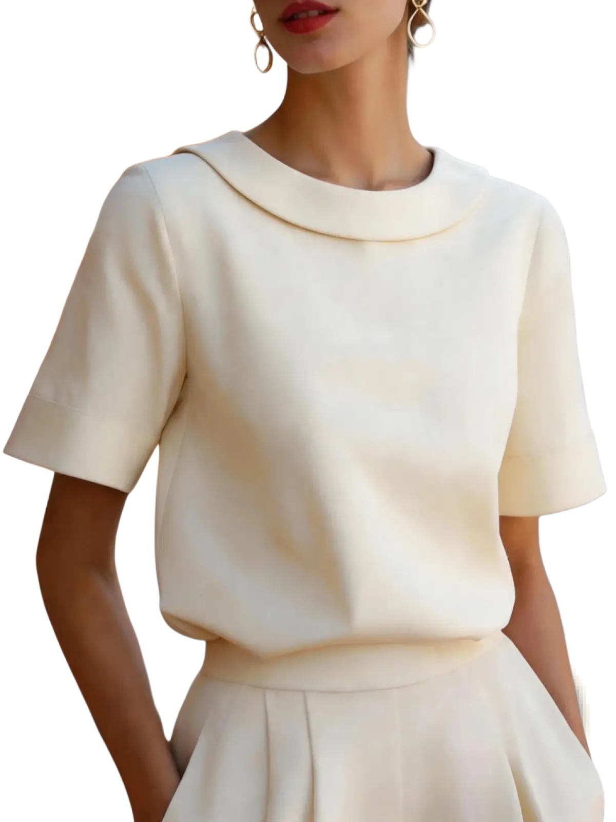 Women solid color short sleeve versatile top in cream with a soft structured collar and smooth fabric