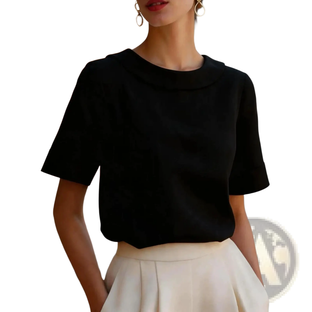 Black women solid color short sleeve versatile top with rounded neckline and soft textured fabric