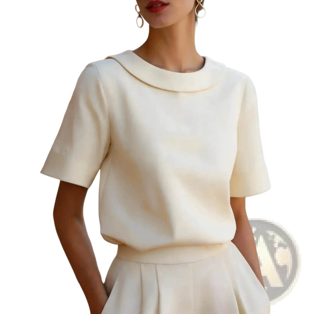 Women solid color short sleeve versatile top in cream with rounded collar and soft structured fabric