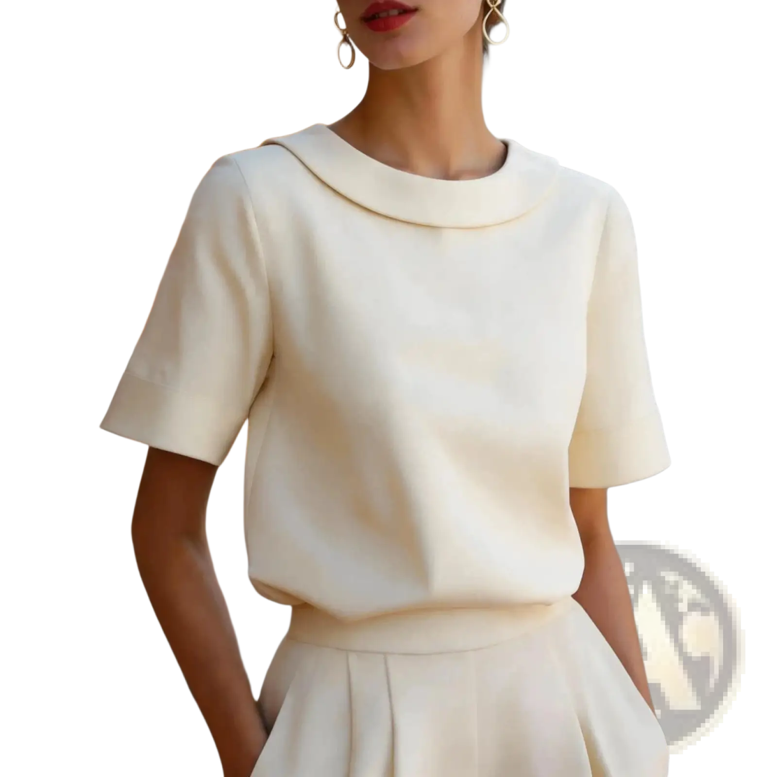 Women solid color short sleeve versatile top in cream with rounded collar and soft structured fabric