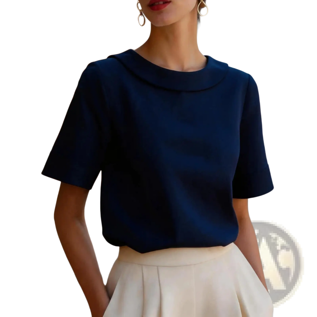 Navy blue women’s short sleeve blouse with rounded collar and soft flowing fabric versatile for various occasions