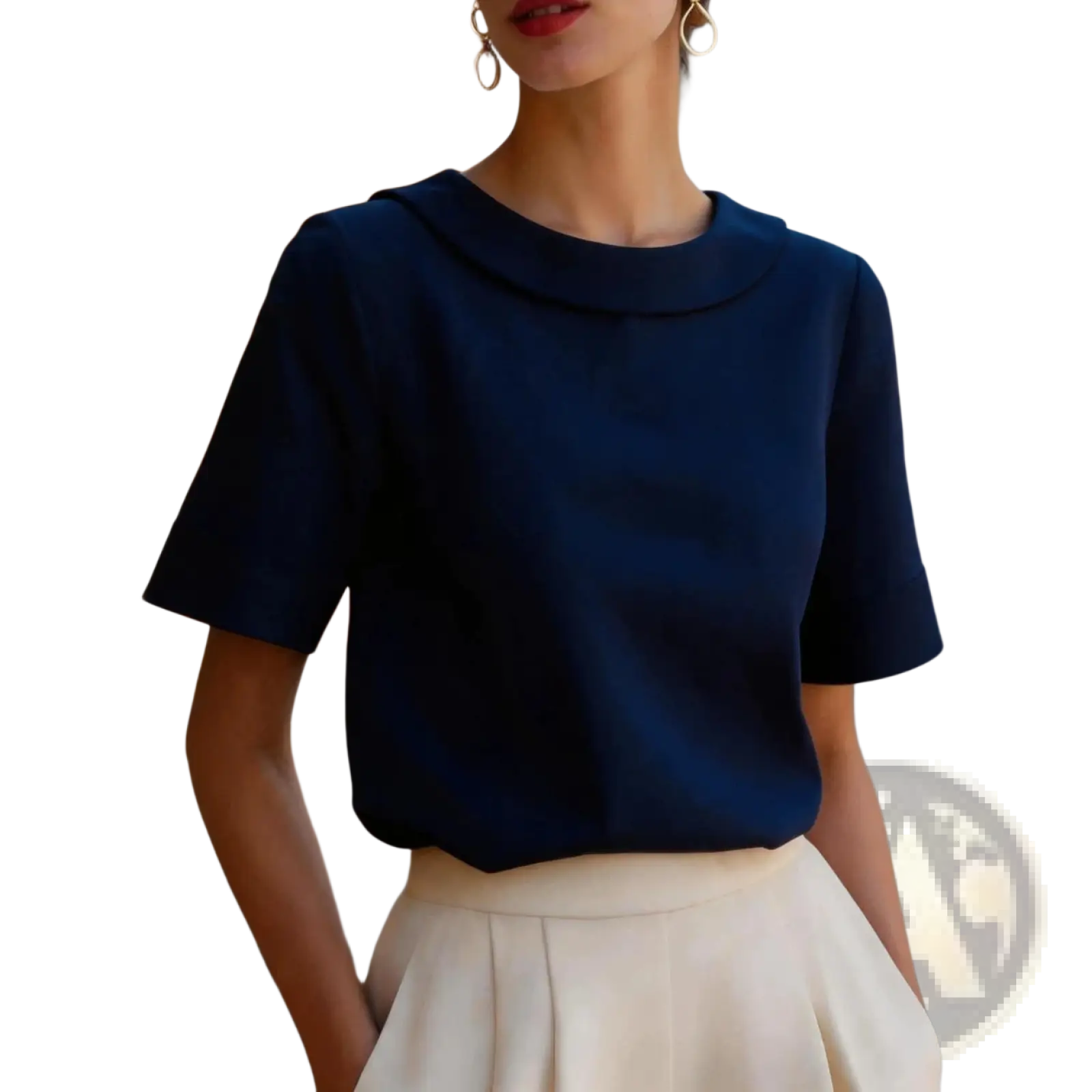 Navy blue women’s short sleeve blouse with rounded collar and soft flowing fabric versatile for various occasions