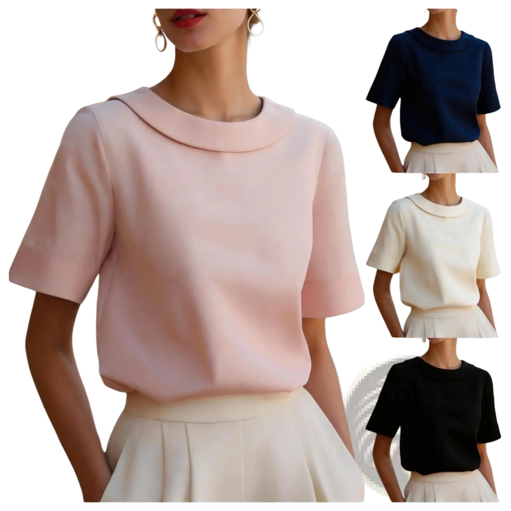 A soft pink short sleeve blouse with rounded collar made of lightweight fabric for versatile women use