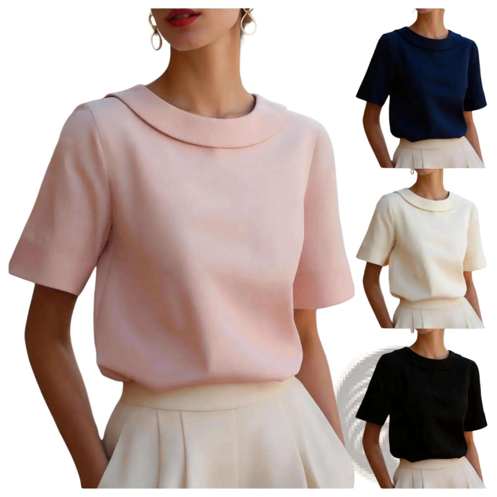 A soft pink short sleeve blouse with rounded collar made of lightweight fabric for versatile women use