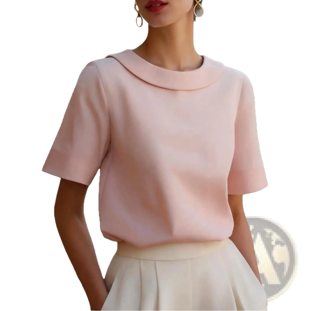 A soft blush pink women solid color short sleeve versatile top with rounded collar and lightweight fabric