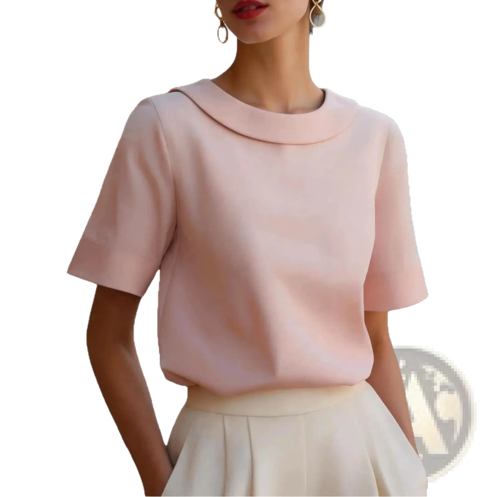 A soft blush pink women solid color short sleeve versatile top with rounded collar and lightweight fabric