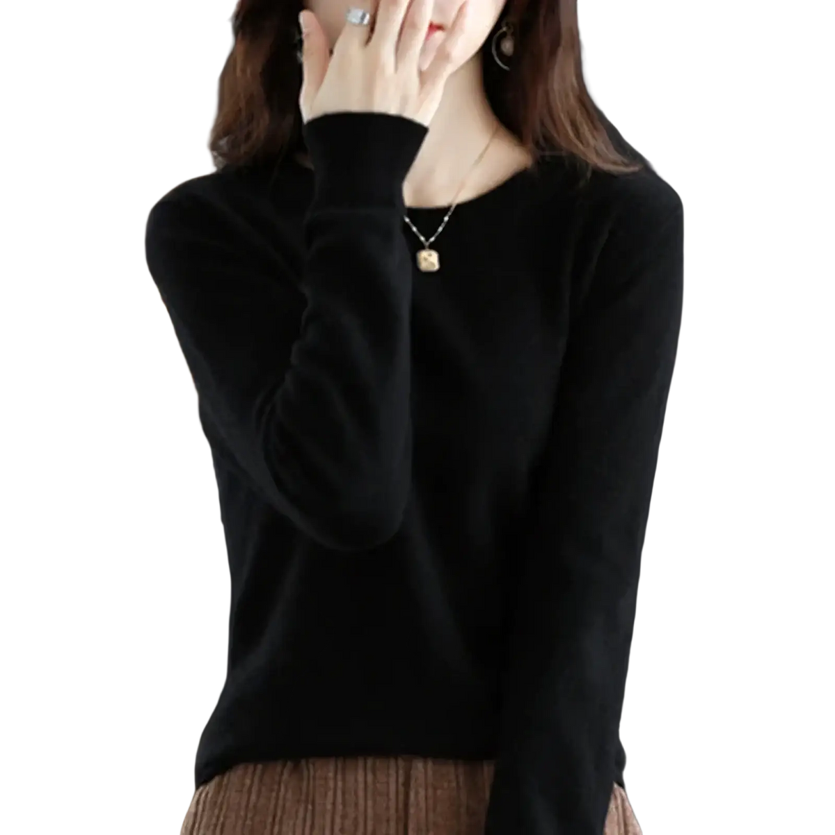 Black solid knit pullover sweater for women with long sleeves, round neckline, and ribbed cuffs