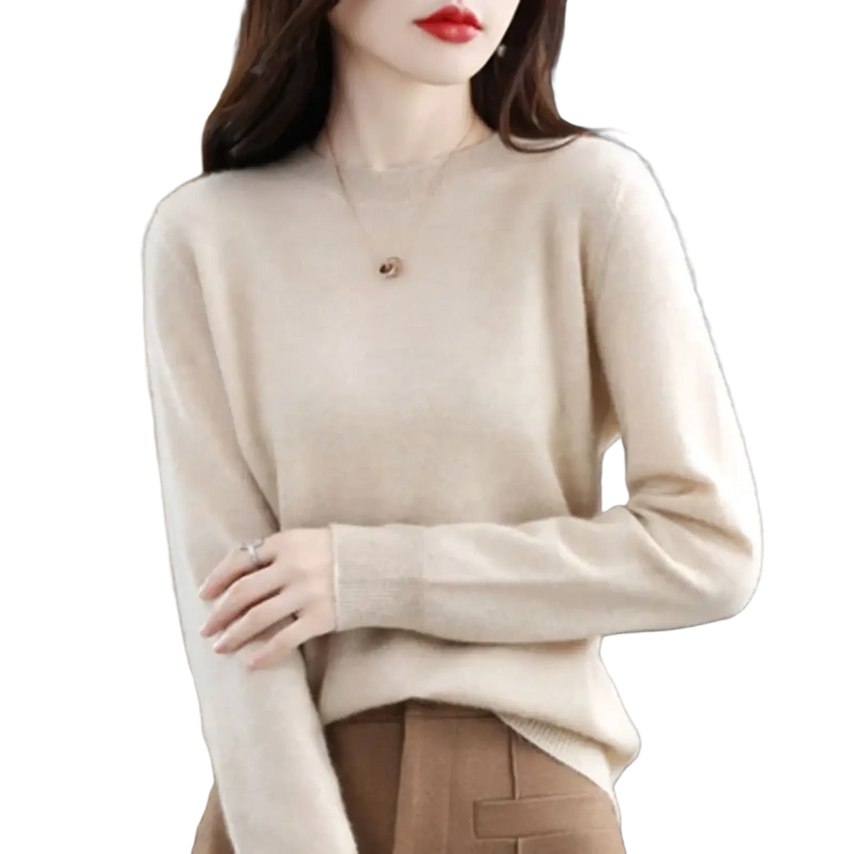Cream-colored women solid knit pullover sweater with long sleeves soft fluffy texture and round neckline
