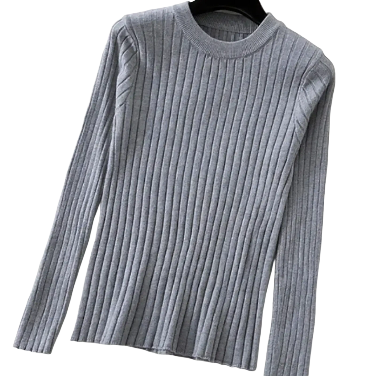 Women solid knit pullover sweater gray ribbed knit long-sleeve crew neck displayed on a hanger
